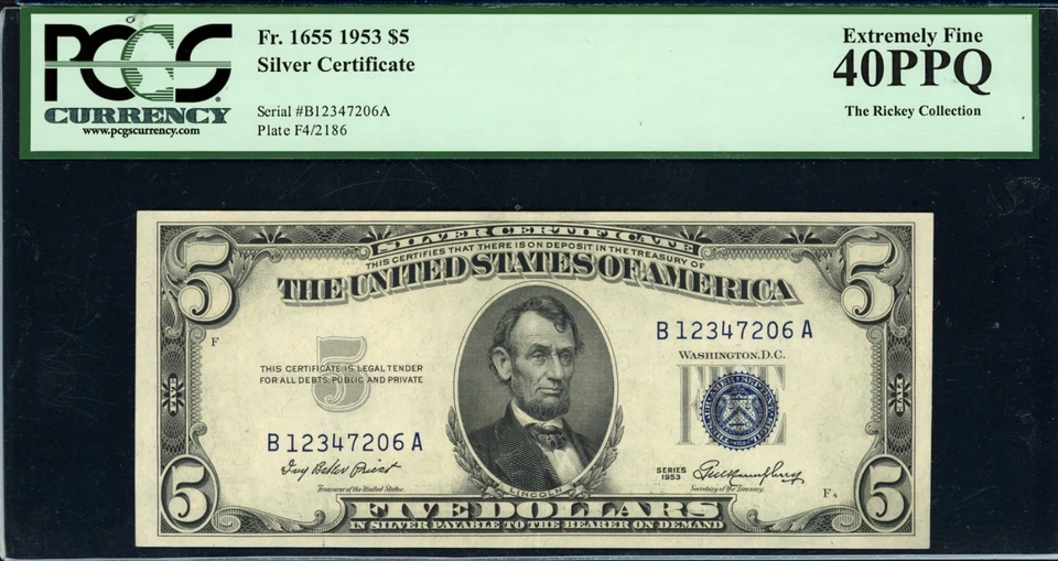 1953 $5 SILVER CERTIFICATE Blue Seal Note Fr.1655 BA BLOCK PCGS 40PPQ USA - Image 2 of 4