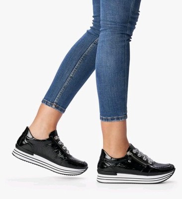 NEU / REMONTE Damen Sneakers Freizeit Schuhe Gr. 39 UK 6 Lackleder Schwarz Leder