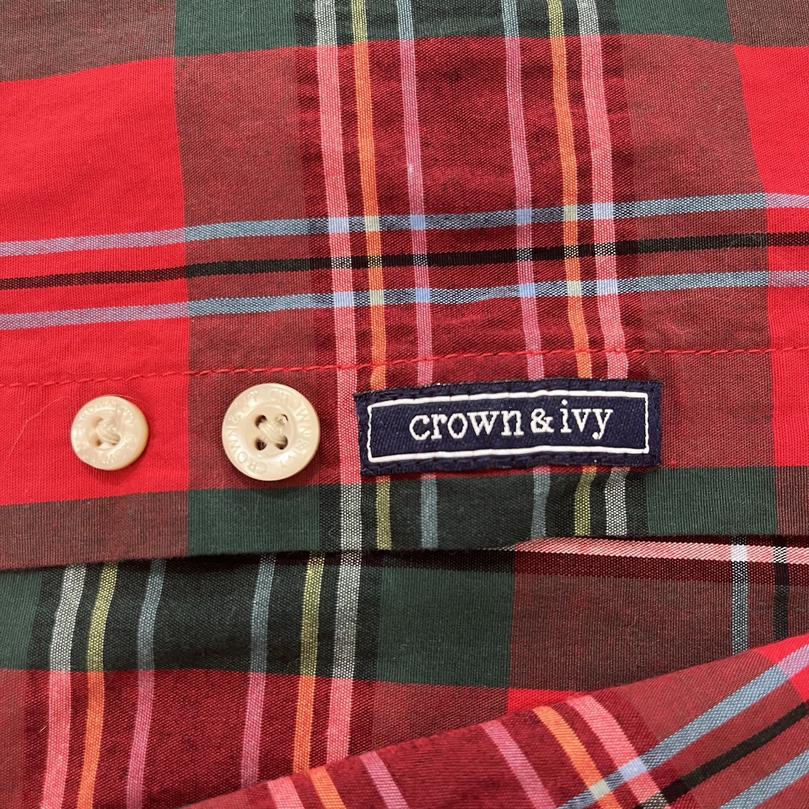 Crown & Ivy Men's Shirt L Red Green Plaid Button Down Stretch Long Sleeve Cotton