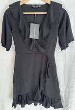 PRETTYLITTLETHING Black Frill Detail Wrap Dress Short Sleeve, Size 6, BNWT