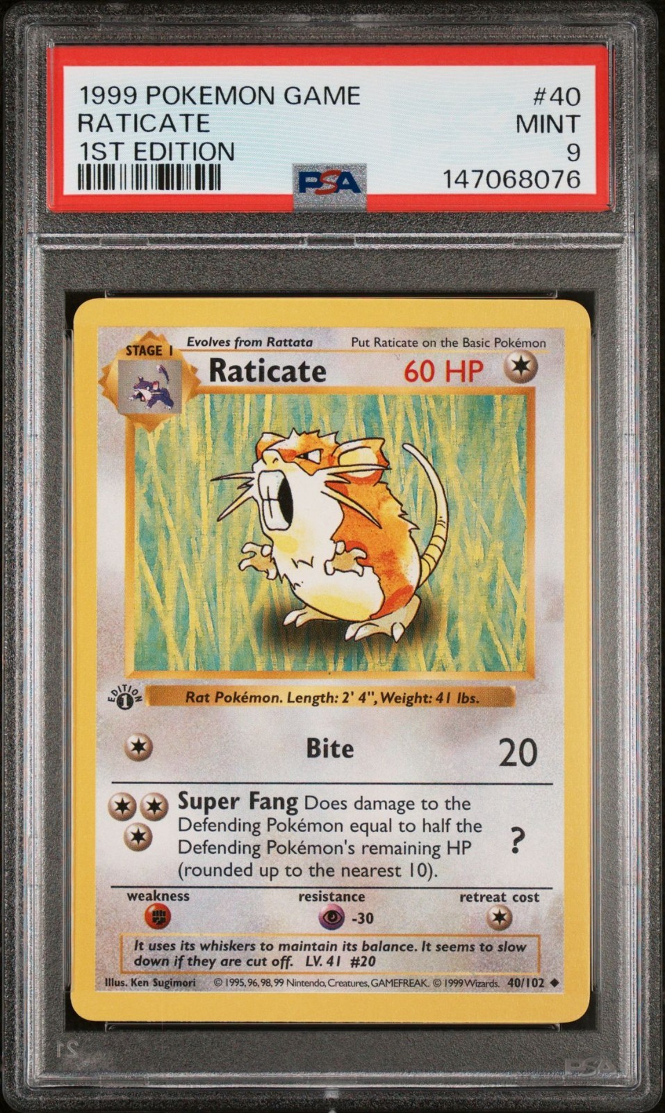 1999 POKEMON BASE SET 1ST EDITION #40 RATICATE PSA 9 MINT