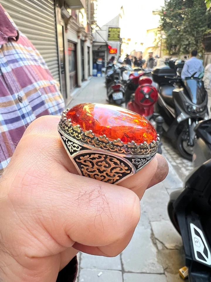 Anillo otomano grande de plata 925 ámbar báltico piedra ámbar natural Foto 2 de 4