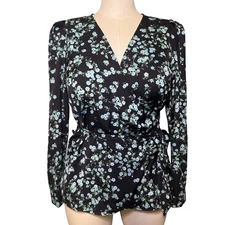 INC International Concepts Black Floral Wrap Blouse Long Sleeve Size Large