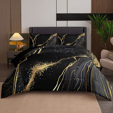 Marble Bedding Set Soft Microfiber Black and Gold Comforter Set Queen Size