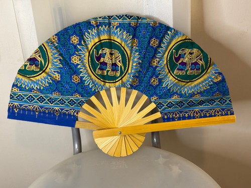 Fan Thai Folding Blue Green Elephant Hand Wooden Thailand Decor พัดมือช้าง สีฟ้า - Picture 2 of 11