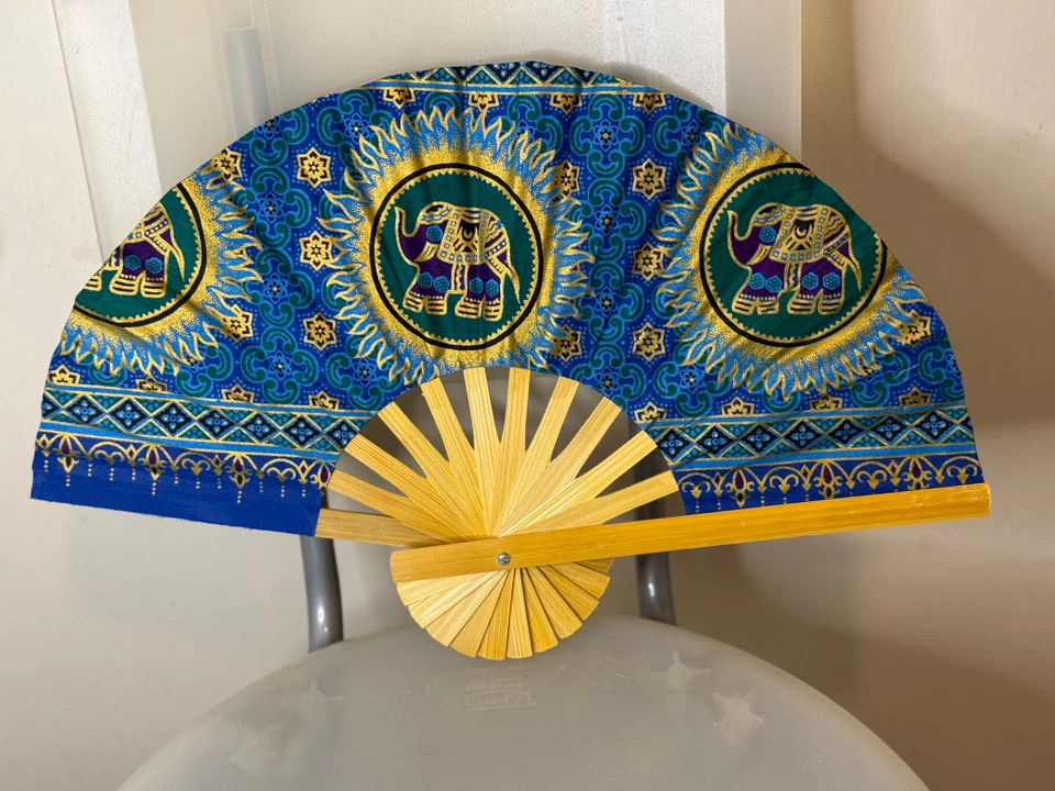 Fan Thai Folding Blue Green Elephant Hand Wooden Thailand Decor พัดมือช้าง สีฟ้า - Image 2 of 4