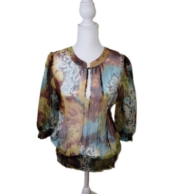 Everest Apparel 100% Silk Blouse Sheer Multicolored Elastic Waist Women's SZ S