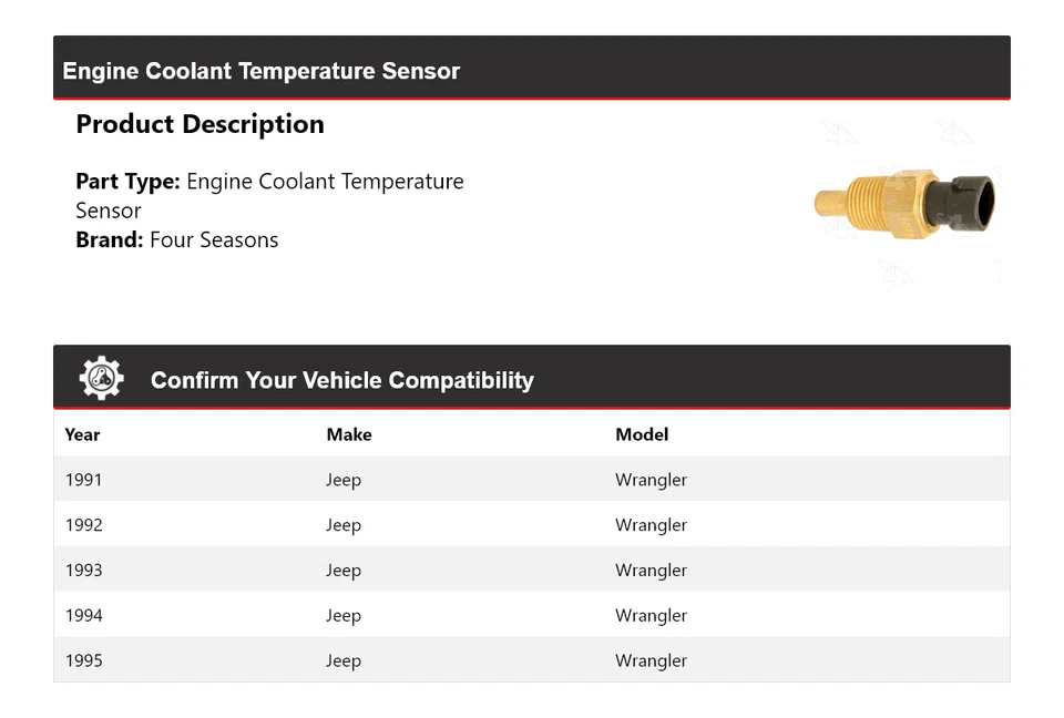 Sensor de temperatura del refrigerante del motor Jeep Wrangler 1991-1995 4 estaciones 1992 Foto 2 de 4
