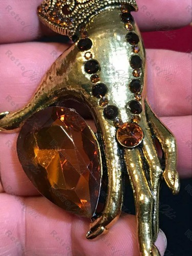 Art Deco Hands Elegant Lady Brooch Antique Gold Amber Glass Pear Cut Stone Vtg - Picture 11 of 12