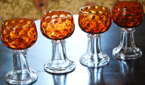 Set 4 mundgeblasene ORANGE OPTIK MÜNZPUNKT GLAS Wasserkelche EMPOLI ITALIEN 60er Jahre