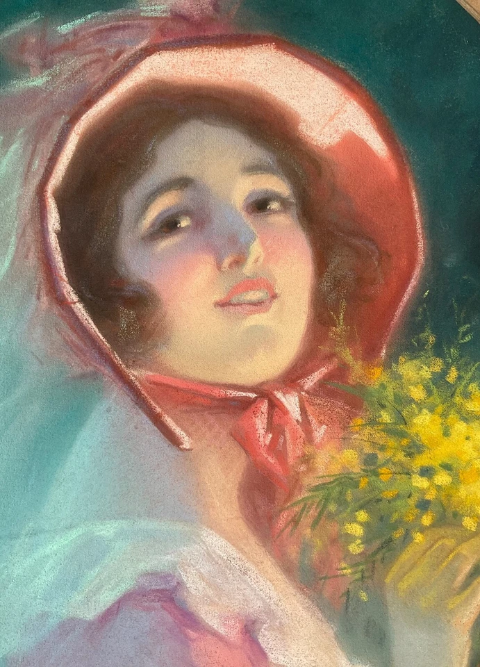 RENÉ PÉAN SUPERBE PASTEL ORIGINAL 1910/20 PORTRAIT JEUNE FEMME FLEURS MIMOSAS - Photo 3/4