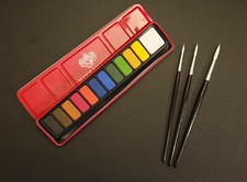 Artist 12 Block Watercolour Paint Tin & 3 Brush (Sizes 4 6 & 8) Art Starter Set