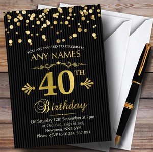 Dettagli Su Gold Coriandoli Nero A Righe Quarantesimo Personalizzati Festa Di Compleanno Inviti Mostra Il Titolo Originale