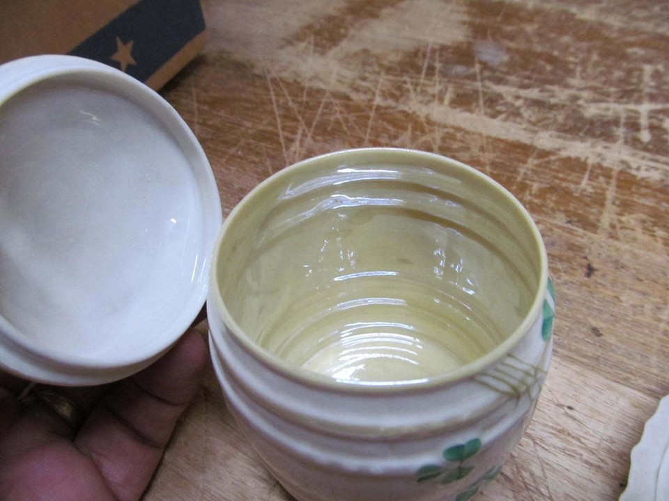 Vintage Belleek Shamrock Honey Jar eBay