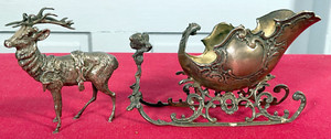 A Rare Set of Sterling Silver Antique Reindeer And Sleigh