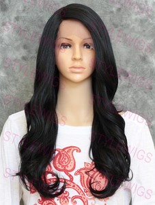 Jet Black Long Wavy C Part Lace Front Heat Safe Human Hair Blend