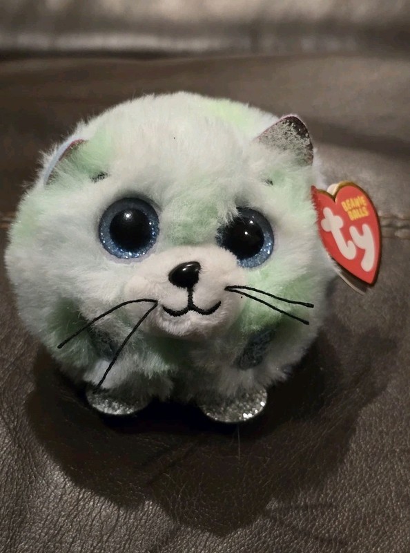 Ty Puffies (Beanie Balls) - EVIE the Green Cat (4 inch) Plush Toy NEW 2023 