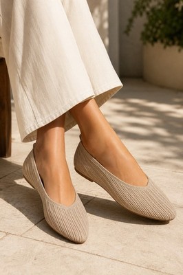 Tahari Maldives Ballet Stretch Knit Flats Beige Pointed Toe Shoe Women SZ5.5 NEW