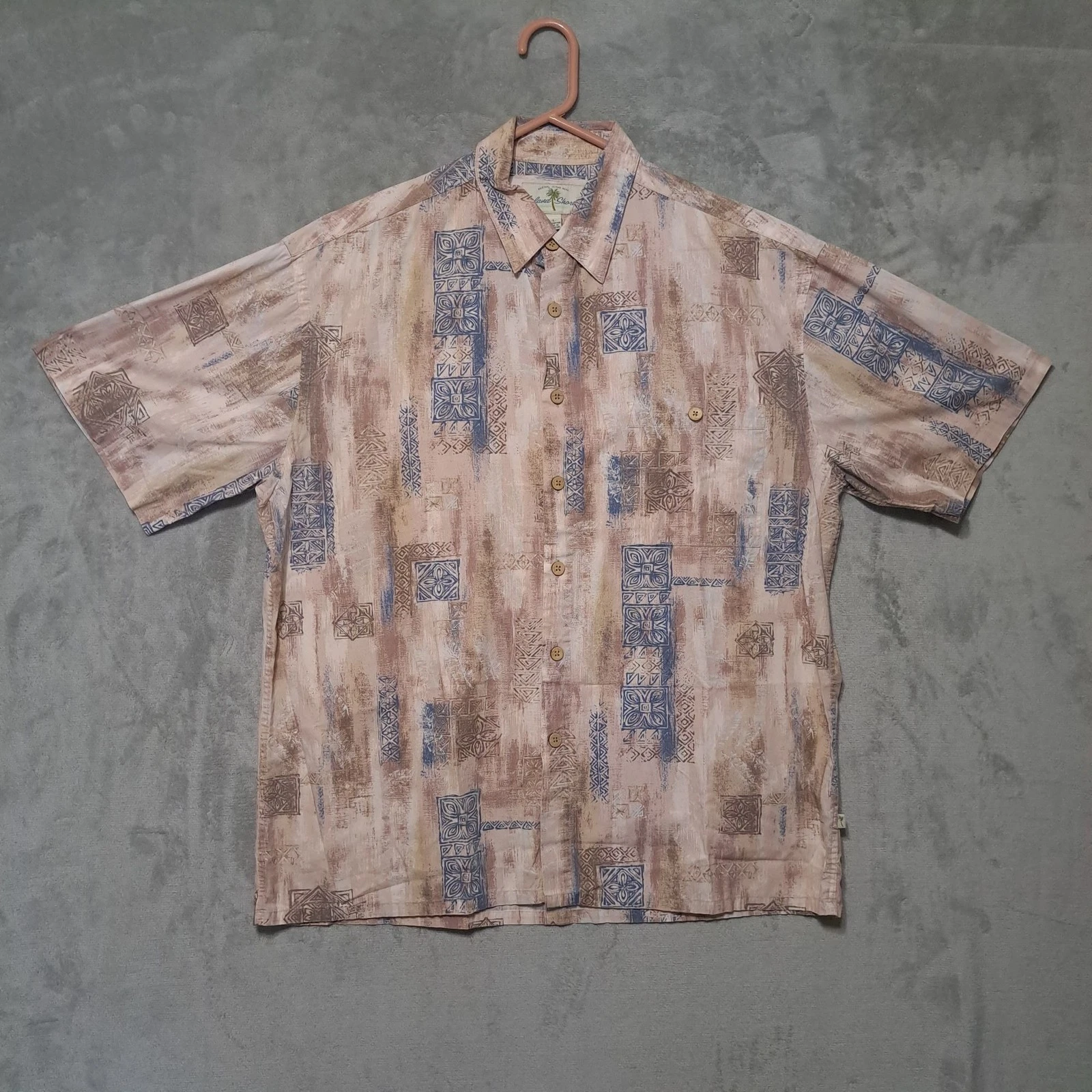 Island Shores Mens Hawaiian Shirt Large Beige Blue Geometric Button Up Casual