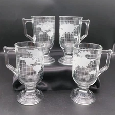Vintage Nestle World Globe Glasses Cups Tall Nescafe Frosted Footed Set of 4