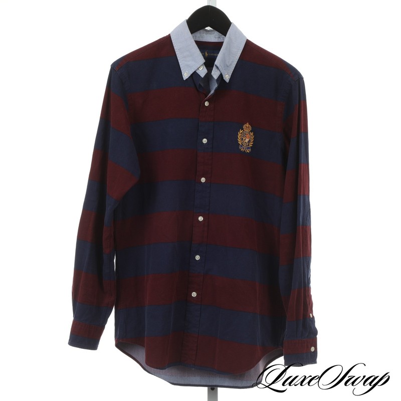 Polo Ralph Lauren Wine Navy Block Stripe Big Crest Contrast Oxford OCBD Shirt M