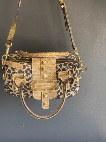 GUESS Leopard Print Satchel Handbag Faux Croc Gold Studs Y2K McBling Purse