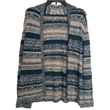 Boho Aztec Blue Cream Striped Long Sleeve Cardigan Open Front Sweater SZ:S