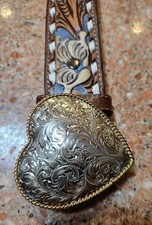 Western Americana Hand Tooled Leather Belt with Heart-Shaped Buckle