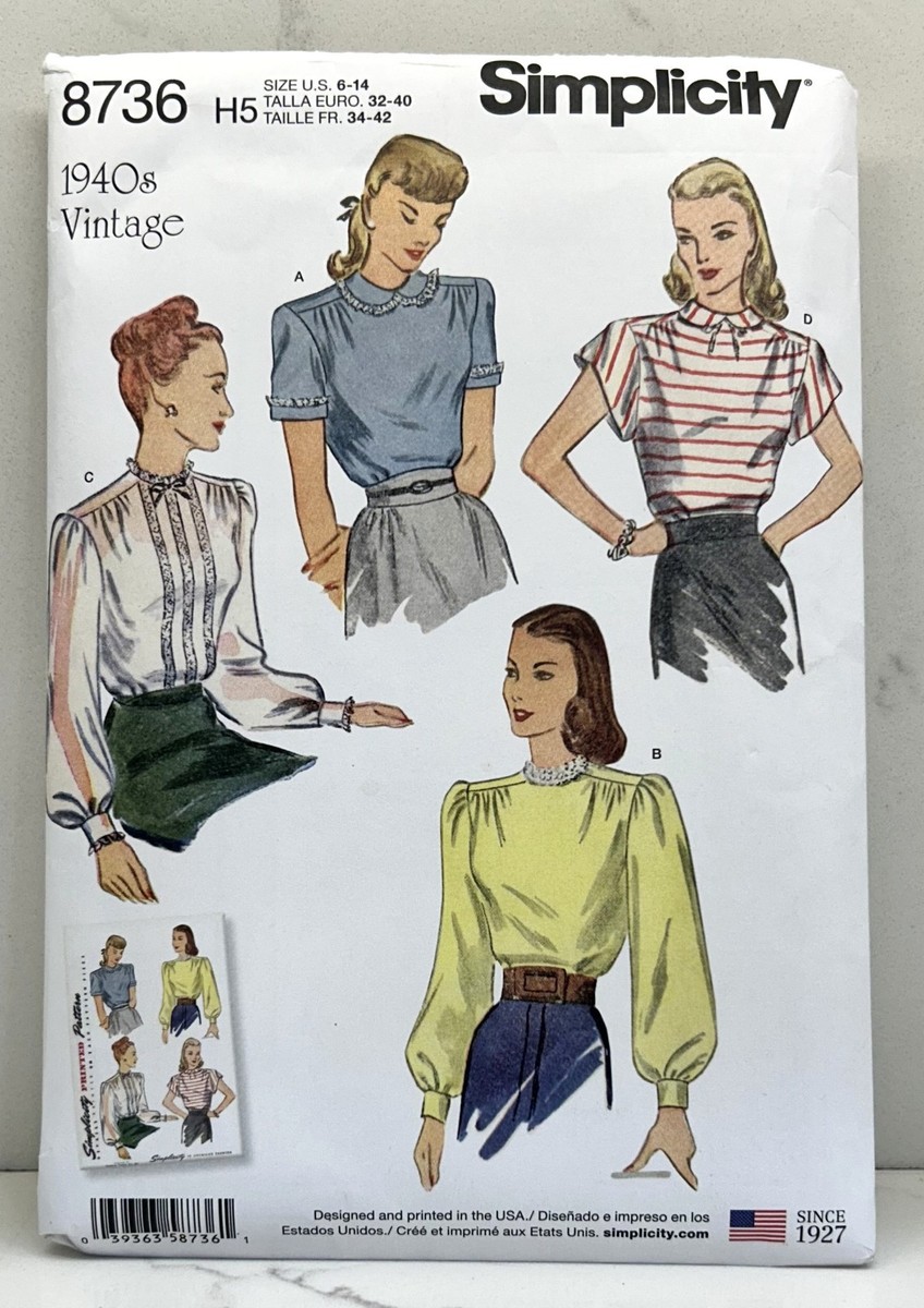 2 x ゆるページ Simplicity Pattern 8736 Vintage Blouses w/ Sleeve Variations Sz. 6
