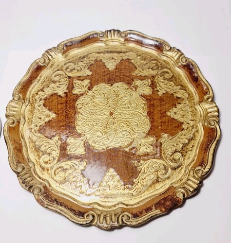 Vintage Hand Painted Florentine Italian Brown Gilt Papier Mache Tray +2 Coasters - Foto 5 di 18