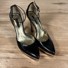 Nine West High-heeled Pumps Black W/ Metallic Gold Platform Pointed Closed Toe