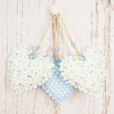 3 Blue Handmade Fabric Hanging Door Hearts Decorative Vintage Shabby Chic Gift