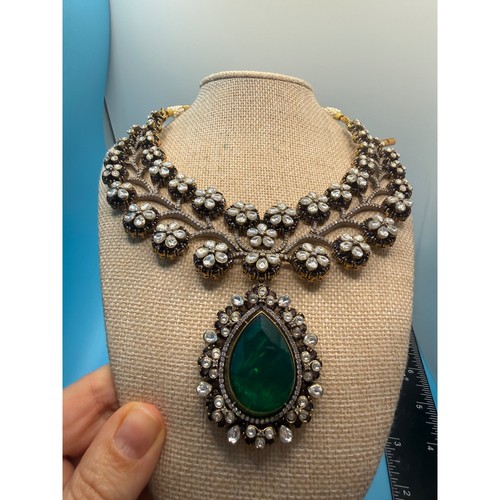 Antique Gold Tone Green Emerald Glass Kundan Floral Statement Necklace Indian