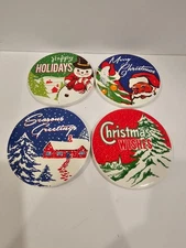 Transpac Set of 4 Holiday Ceramic Coasters Snowman Santa Cottage Tree