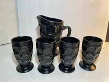 Vintage Jeanette Glass Shell Black Pitcher & 4-4 oz Footed Juice Glasses RARE