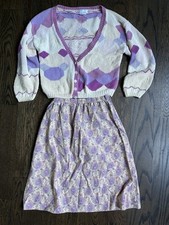 Vintage 80s 2 Piece Skirt Hand Knit Cardigan Sweater Purple And Ivory Small