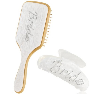 2 PCS Bride Gifts Set Hair Brush Acrylic Clip Wood Paddle Rhinestone White