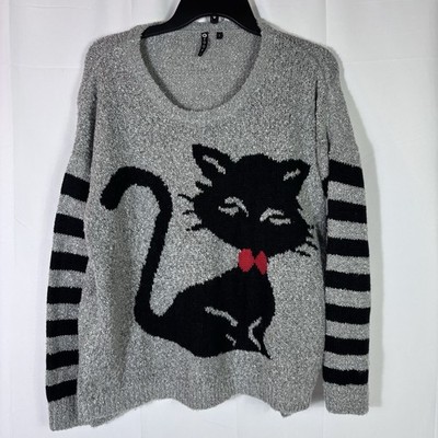 POOF Cat Sweater L Pullover Gray Black Cat Intarsia Graphic Cottagecore Kitschy