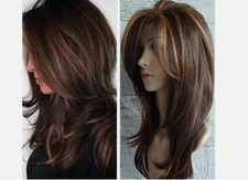 Women Dark Brown w/Gold Highlight Ombre Shoulder Length Curly Hair Wig