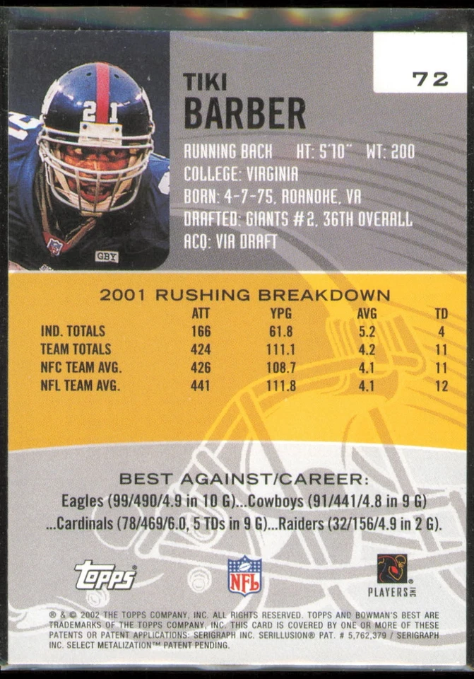 2002 Topps Tiki Barber #228 Bowmans Best - Image 2 of 2