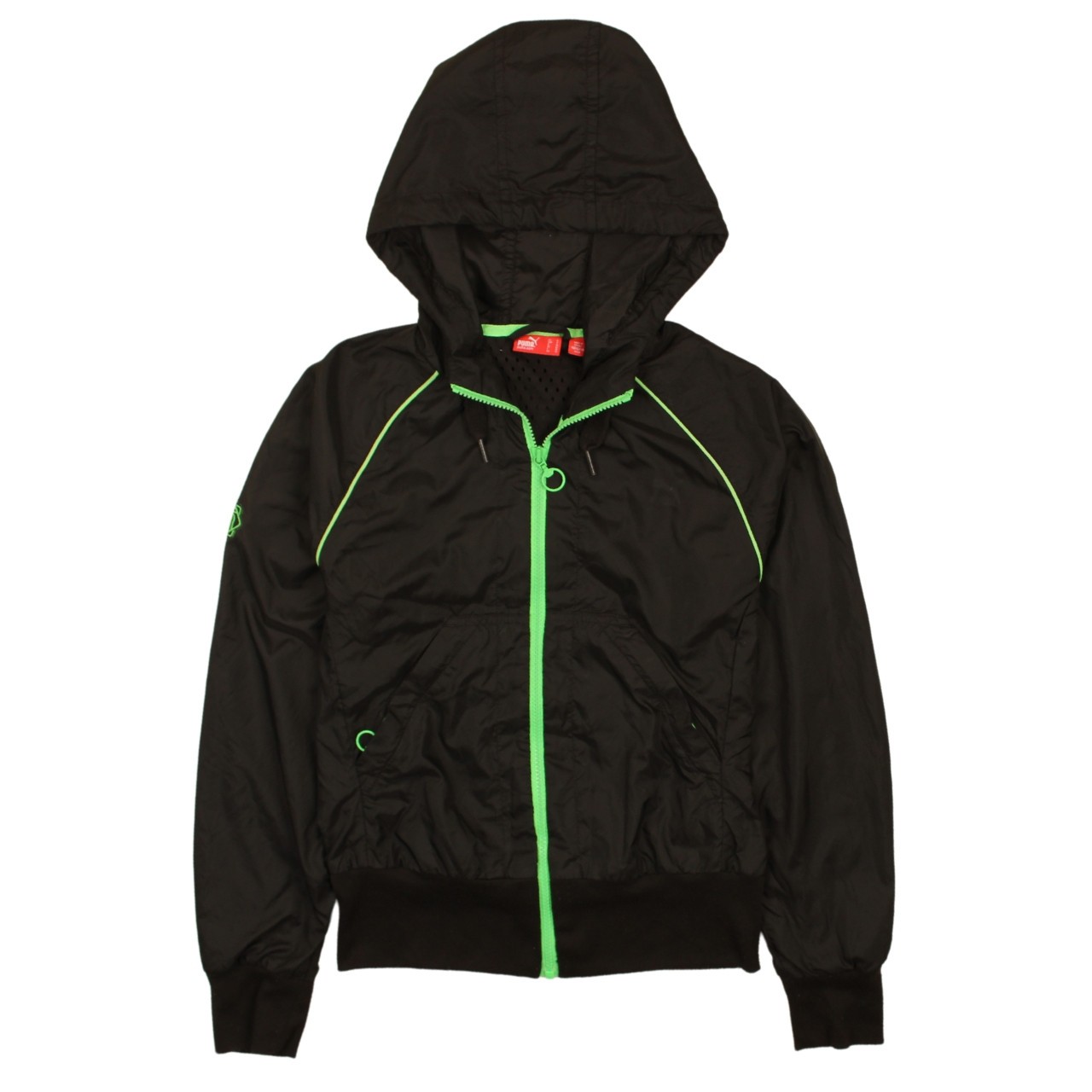 Puma Womens Windbreaker Jacket Black Green Trim Hooded Full Zip Mesh Lined S