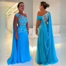 Blue Chiffon Mother Of The Bride Dresses Lace Side Split One Shoulder With Wrap