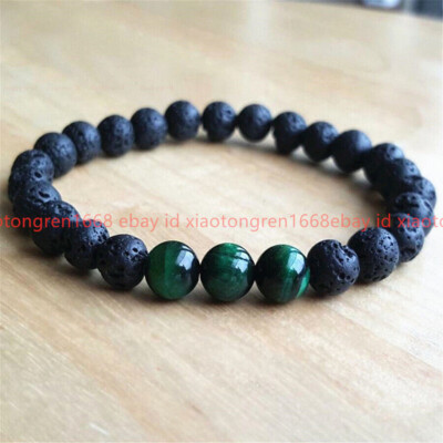 Fashion 6/8/10/12mm Black Lava Green Tiger s Eye Gems Round Bead Bracelet 7.5''