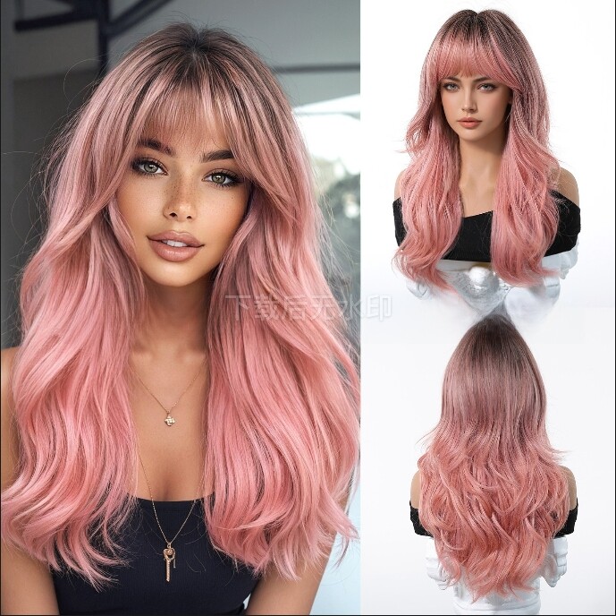 Long Wavy Wig Ombre Pink with Bangs Dark Root Synthetic  display picture 1
