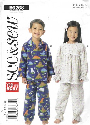 Kids Boy's Girl's Pajamas Pants Sleep Top Sewing Pattern UNCUT 1 - 6 years