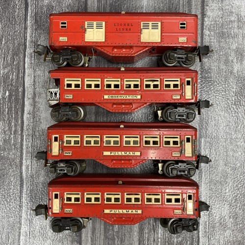 VTG Lionel O Gauge Prewar Red Passenger Car Set (2) 2600, 2601 & 2602