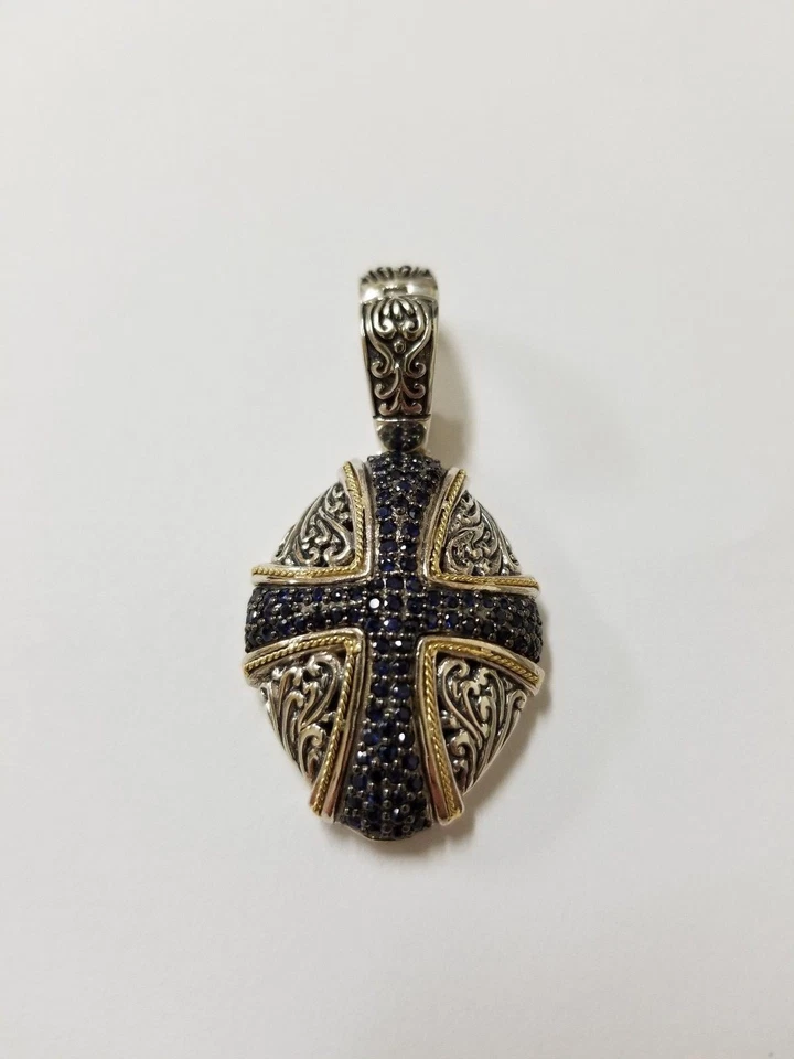 Phillip Gavriel Designer 18k Gold & Sterling Silver Oval Cross Sapphire Pendant - Image 4 of 4