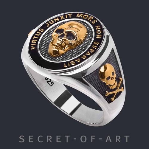 Anello massonico argento 925 placcato oro giallo 750 anello sigillo massonico teschio - Foto 3 di 12