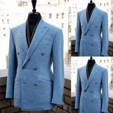 Blue Denim Men Suits Double Breasted Business Tuxedos Wedding Groom Prom Blazer