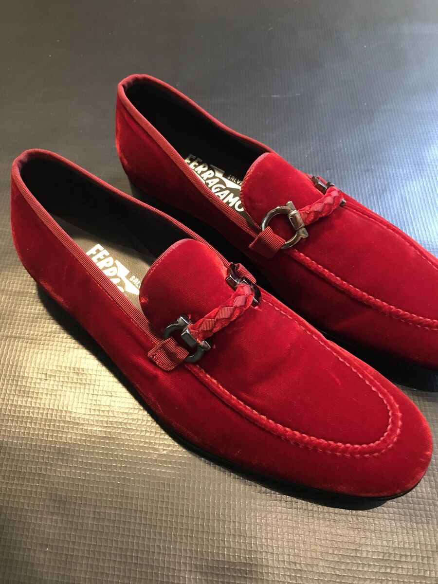 SALVATORE FERRAGAMO RED VELVET SLIP ON LOAFERS SHOES SIZE SALVATORE FERRAGAMO RED VELVET SLIP ON LOAFERS SHOES SIZE